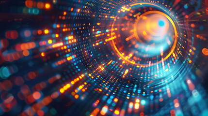 Poster - tech background wallpaper Glowing concentric circles and data particles, creating a vortex-like effect in a high-tech, futuristic background.