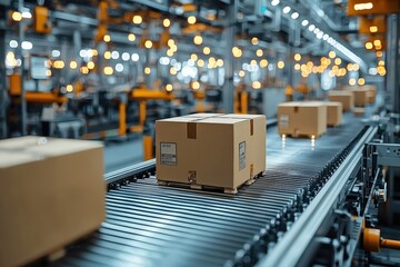 Automated warehouse system with packages on conveyor belts in a modern logistics facility.