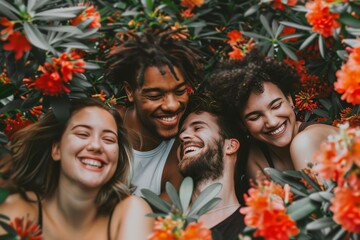 Group of diverse young people having fun together in a park with flowers