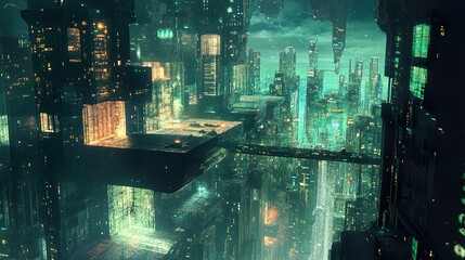 Wall Mural - futuristic cityscape: neon lights and towers