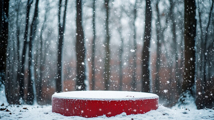 A striking red podium covered in snow stands amidst a snowy forest on Christmas Day