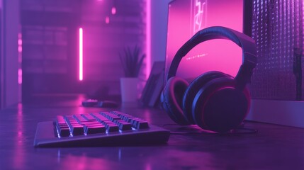 Poster - Modern desk scene showcasing a high-tech headset resting beside a compact mechanical keyboard under soft ambient lighting