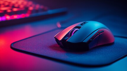 Poster - On a dark background, a modern gaming mouse rests comfortably on a smooth professional pad, blending performance with style