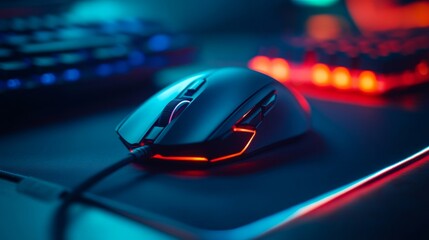 Poster - On a dark background, a modern gaming mouse rests comfortably on a smooth professional pad, blending performance with style