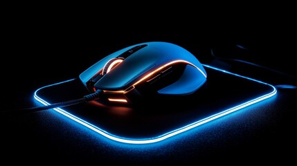 Poster - Sleek and minimal, a glowing gaming mouse rests on a premium professional pad against a black background