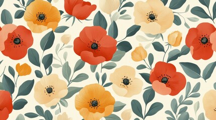 Wall Mural - A floral pattern featuring vibrant flowers and leaves on a light background.