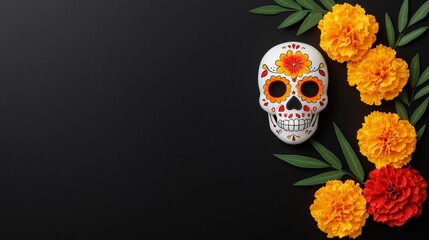 Colorful sugar skull surrounded by bright marigold flowers celebrating the vibrant day of the dead festival