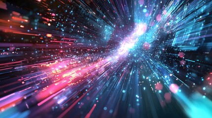 Poster - optical fibres dinamic flying from deep on technology background. 