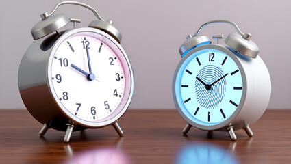 3d rendering of color alarm clock with symbol of fingerprint on display on table