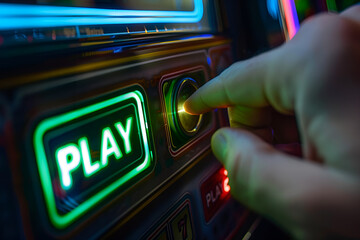 Pushing play button of casino slot machine, Generative AI