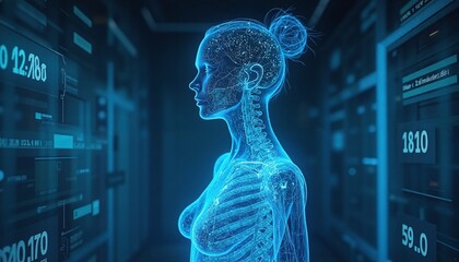 translucent female human body, bone and nervous system graphics in holographic image, blue backgroun