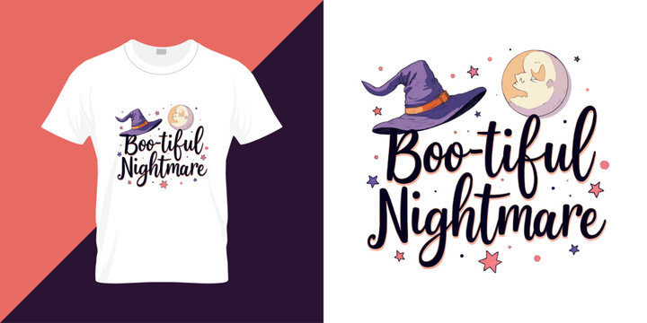Boo-tiful Nightmare quote typography illustration for t shirt design.  Calligraphy Halloween T-Shirt Design Hand Drawn Typography on White Background, Vector Format for Print, Web, or mug.