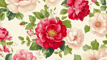 Wall Mural - A floral pattern featuring large peonies in shades of red and pink against a light background.