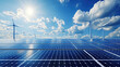 © 沈军 贡 - 3D rendering of solar panels and wind turbines under a blue sky with white clouds in the background. Green energy concept