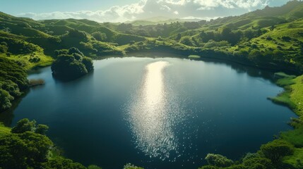 Wall Mural - aerial view of a tranquil lake in lush green hills