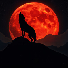 a wolf standing on a hill with a red moon in the background. the wolf is looking up at the moon.