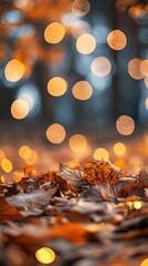 Wall Mural - A serene autumn scene with shimmering bokeh lights and fallen leaves, creating a warm and enchanting atmosphere.