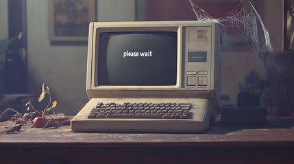 old computer on desk with cobwebs and 