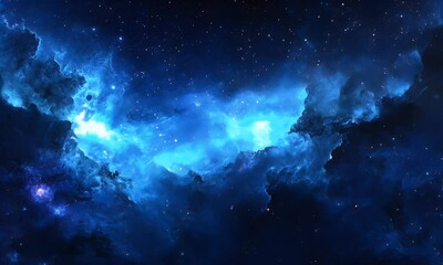 Wall Mural - A stunning cosmic scene featuring deep blue nebulae and twinkling stars in a vast galaxy.
