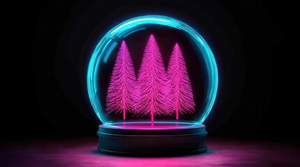 A glowing snow globe featuring three vibrant pink trees, set against a dark backdrop, creating a magical ambiance.