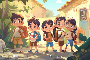 Cartoon kids with backpacks in the village. Vector illustration.