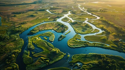 Canvas Print - Aerial View of a River Winding Through Lush Green Meadows