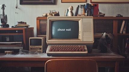 old computer on desk with cobwebs and 
