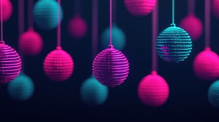 Poster - Colorful, hanging spherical decorations in vibrant pink and teal hues create a festive atmosphere against a dark background.