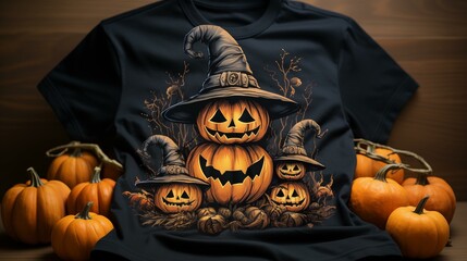 A black t-shirt with three pumpkins and a witch's hat