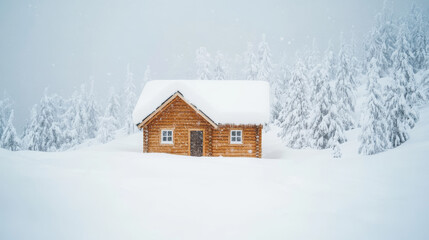 Wall Mural - A snowstorm engulfs mountain cabin, surrounded by tall trees and deep snow, creating serene yet harsh winter landscape.