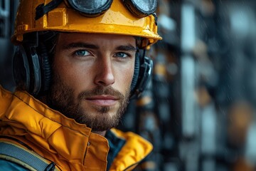 Portrait of a confident male worker in safety gear, featuring yellow hard hat and headphones, with a detailed industrial background.