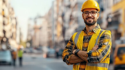 Smiling construction worker wearing a hard hat and safety vest on a city street.