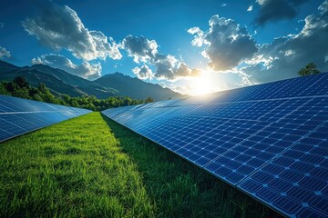 Solar panels in a field under a bright sky with mountains, showcasing renewable energy and sustainability.