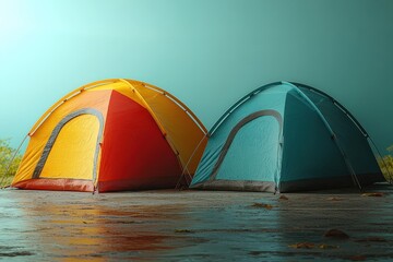 Two colorful camping tents set against a serene natural background, ideal for outdoor enthusiasts and adventure lovers.