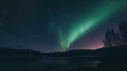 a night sky lit up with the northern lights in vibrant green and purple tones dancing above