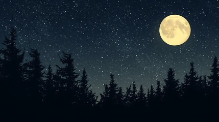 Wall Mural - a night sky with a full moon glowing brightly among a sea of stars, with silhouettes of trees below