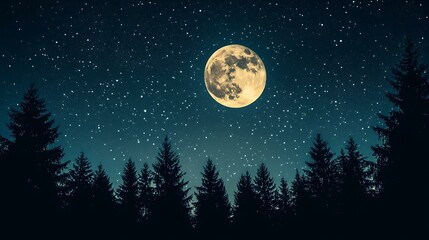 Wall Mural - a night sky with a full moon glowing brightly among a sea of stars, with silhouettes of trees below