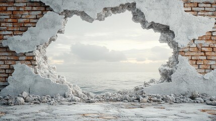 3D hole in a brick wall revealing a peaceful ocean view damaged wall exposing serene water horizon through broken concrete and brickwork. Generative AI