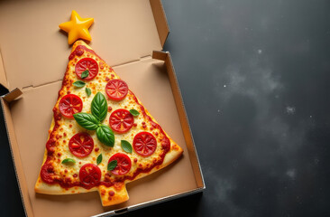 A creative pizza shaped like a Christmas tree garnished with fresh basil leaves, presented on a wooden table in festive holiday spirit