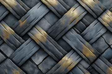 Wall Mural - Seamless realistic texture showing gray tiles in a wicker pattern with golden highlights, 3D cartoon illustration