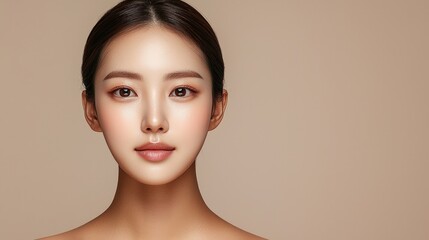 A close-up portrait of a young woman with flawless skin and a serene expression against a soft, neutral background.