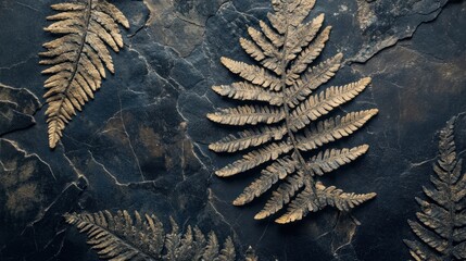 Close-up of fossilized leaves from ancient ferns, showing intricate vein patterns preserved in stone.