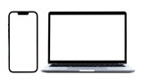 Laptop computer and mobile smartphone with blank screen isolated on transparent background, PNG File