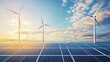 © 沈军 贡 - 3D rendering of solar panels and wind turbines under a blue sky with white clouds in the background. Green energy concept