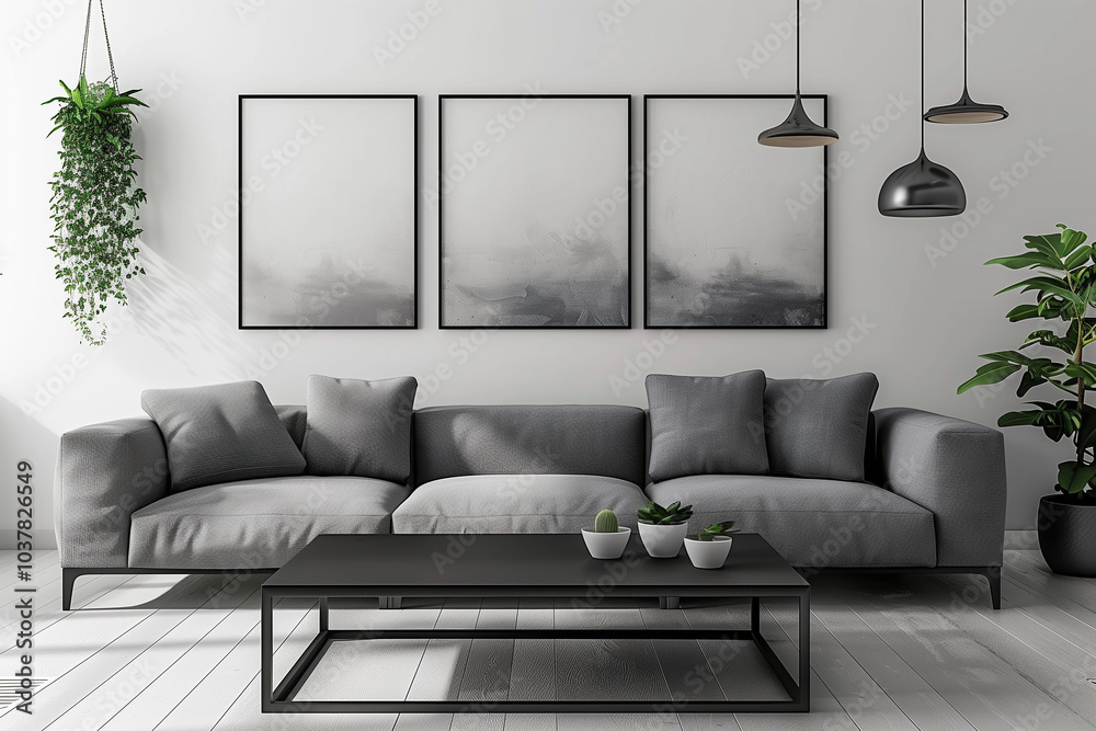 Minimalist living room interior design with a low-profile gray sofa, a ...