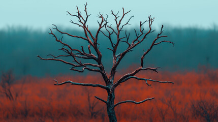 Poster - A solitary, leafless tree stands against a colorful landscape, showcasing rich red hues and a misty background, evoking feelings of calm and solitude.
