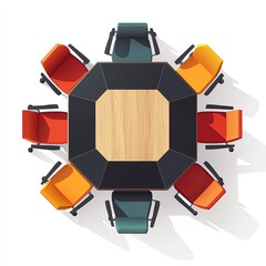 Poster - A hexagonal meeting table with matching chairs, creative workspace, flat design, bold colors, isolated on white background 
