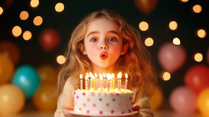 Young girl celebrating her birthday with a cake and candles