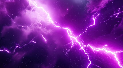 Fototapete - Dynamic 3D rendering of purple lightning in a deep space background with dark galaxy elements. The scene captures intense thunder and glowing purple light within an abstract nebula, creating an otherw
