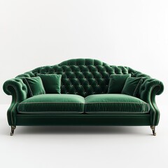 A luxurious velvet sofa with tufted back, high-end decor, 3D rendering, deep emerald green, isolated on white background 